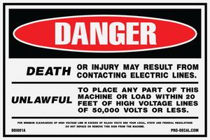 Danger death or injury from contacting electric lines
